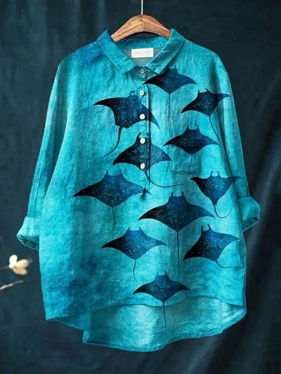 Women's Vintage Manta Rays Art Print | Casual Cotton Shirt