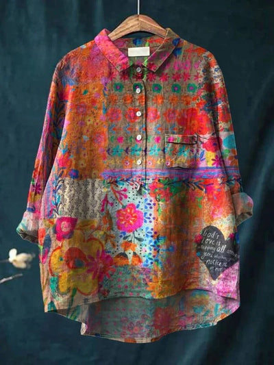 Women's Vintage Flower Art Print | Casual Cotton Shirt
