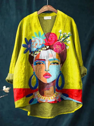 Oil Painting Freda Portrait Art Printed | Women's Casual Cotton Shirt