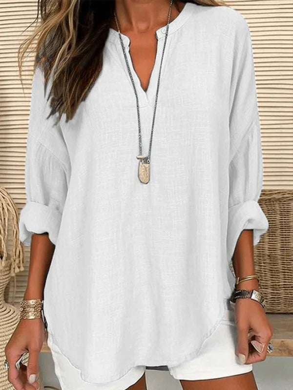 Women's Cotton Long Sleeve Round Neck | Solid Color Loose Beach Shirt
