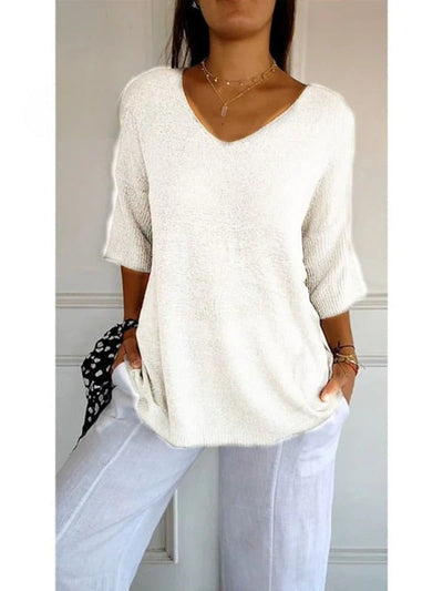 Women's Solid Color Knitted | 3/4 Sleeve V-neck Top