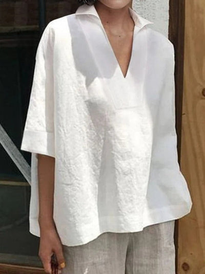 Women's V-neck Cotton | Solid Color Loose Mid-Sleeve Shirt