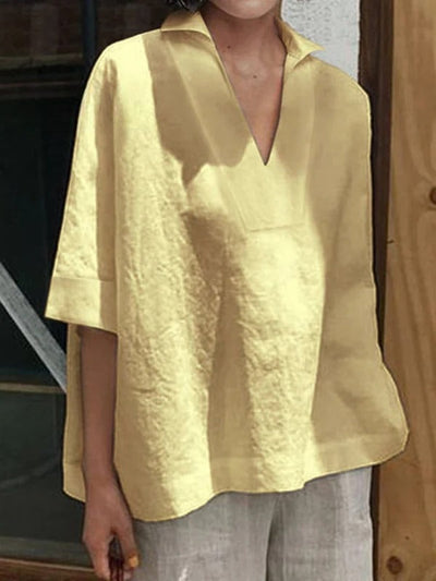 Women's V-neck Cotton | Solid Color Loose Mid-Sleeve Shirt